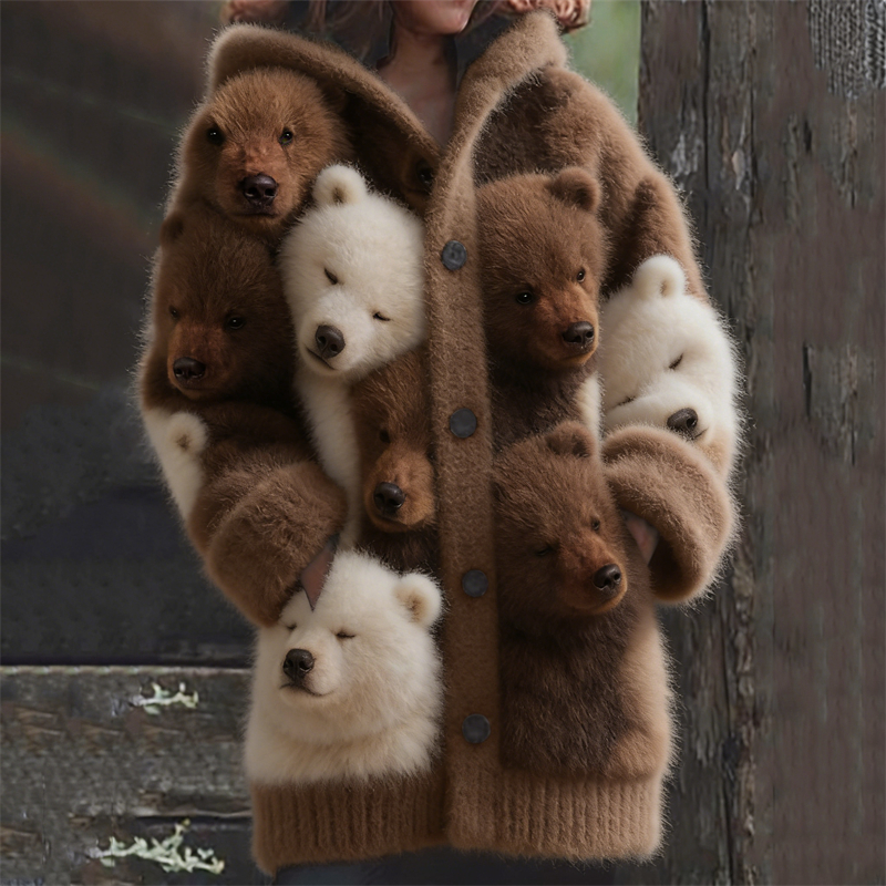 Forest Fuzzy Bears Cozy Knit Hooded Cardigan