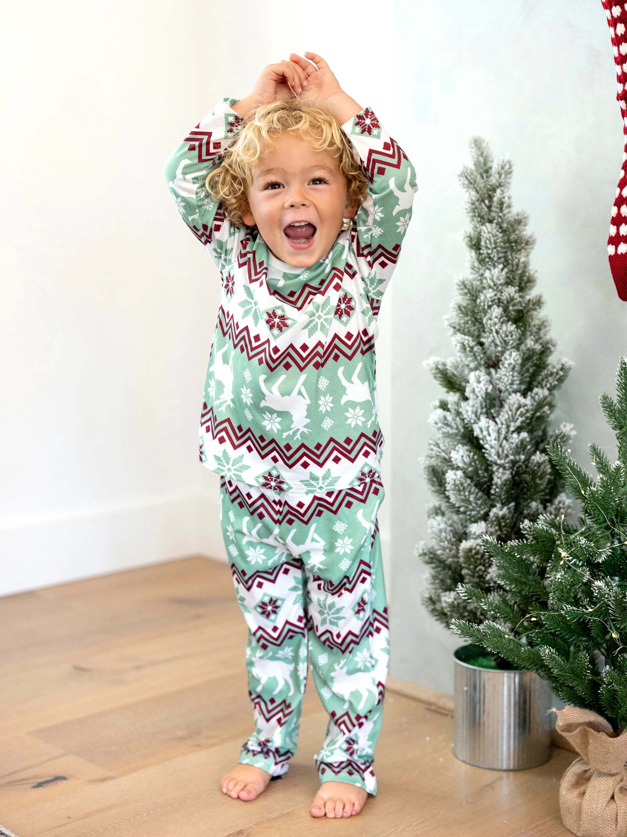 Christmas Matching Family Pajamas Set Christmas Spirit and Snowflake Print PJS with Christmas Socks Pale Green