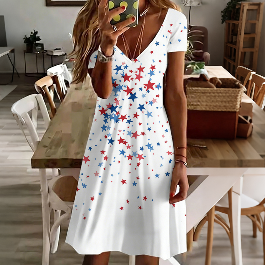 Women'S Daily Casual V-Neck American Flag Independence Day Celebration Printed Dress