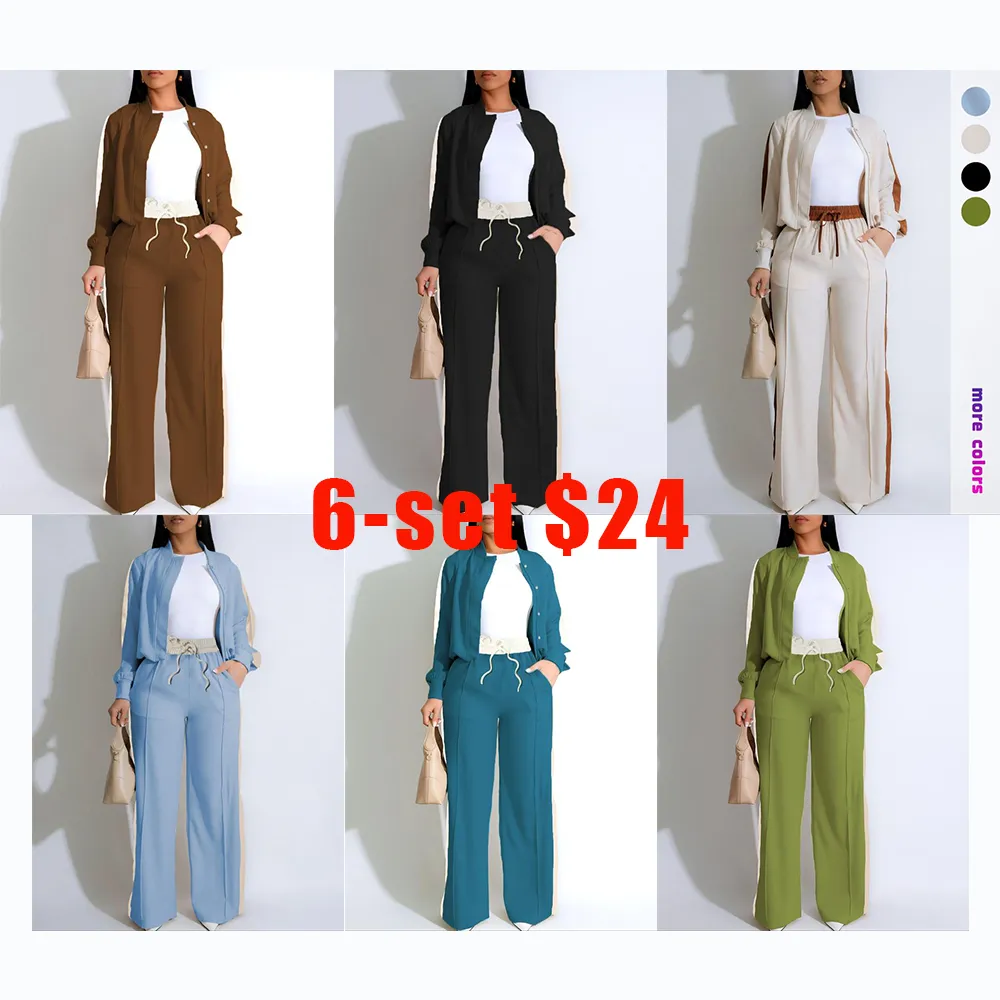 Two-piece Set Women's Patchwork Top & Wide Leg Pants Set, Casual Long Sleeve Outerwear & Pants for Daily Wear, Ladies Summer Clothes