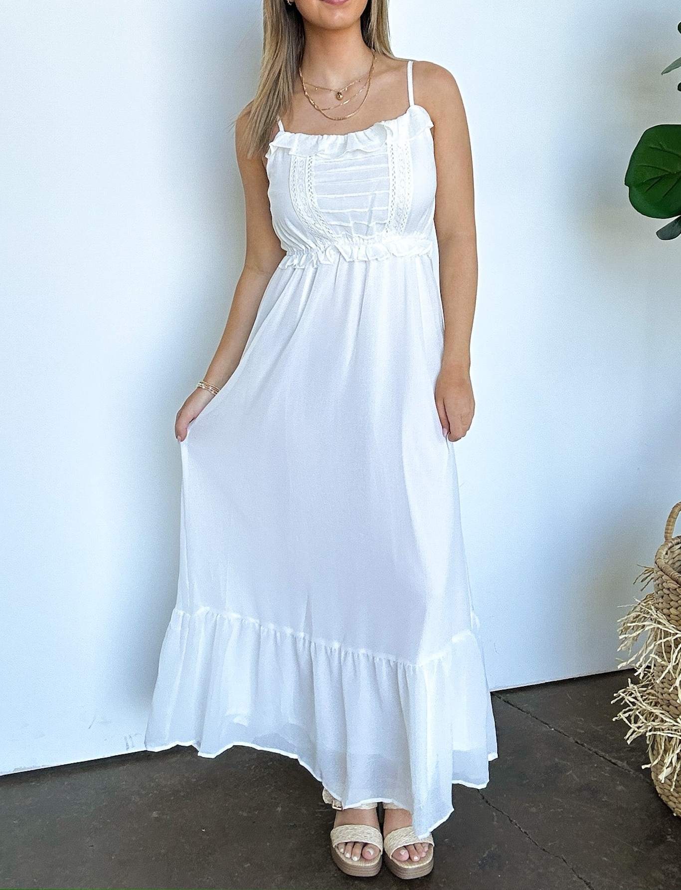 Sweetly Elevated Ruffle and Lace Detail Maxi Dress