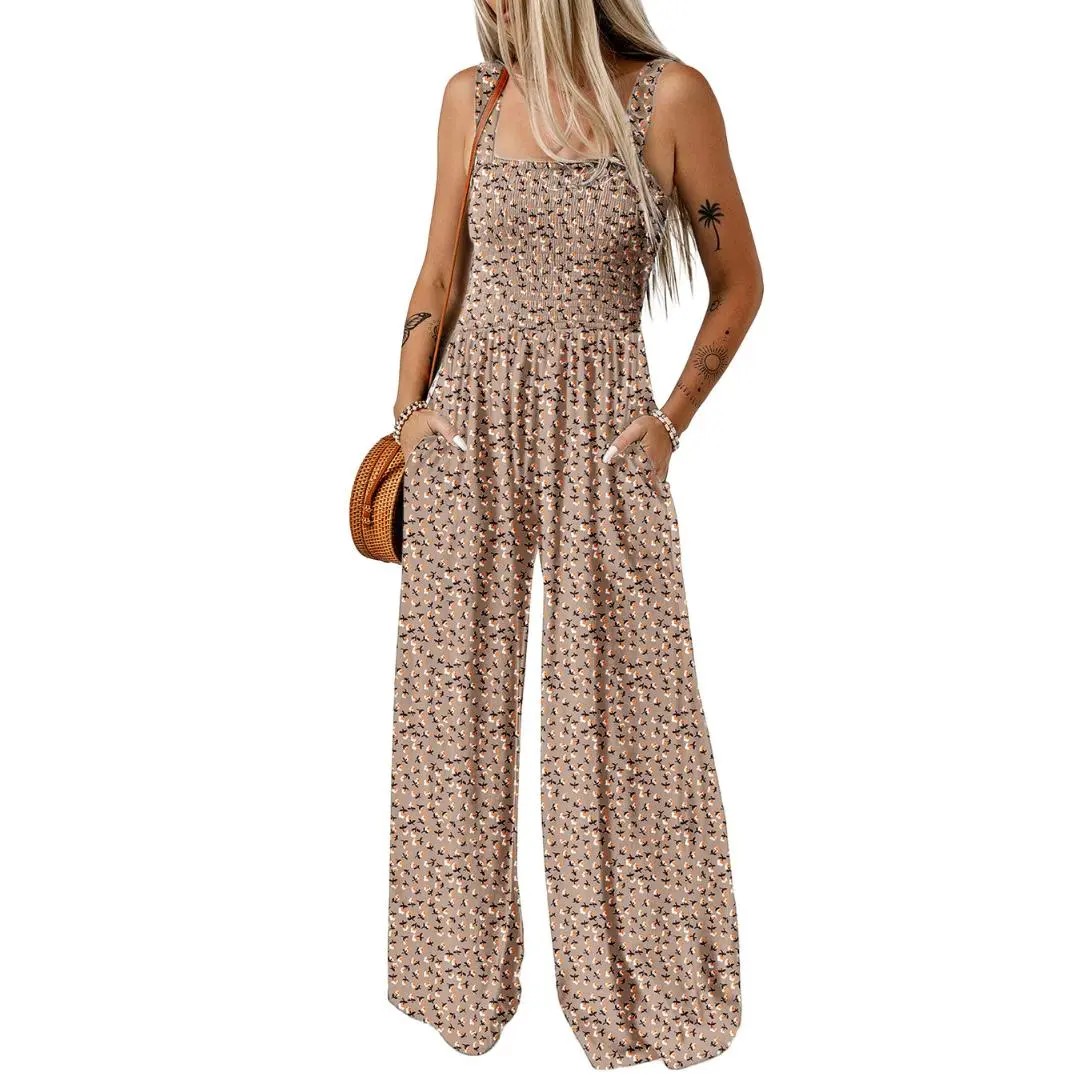 Women's Casual Loose Overalls Jumpsuits One Piece Sleeveless Printed Wide Leg Long Pant Rompers With Pockets