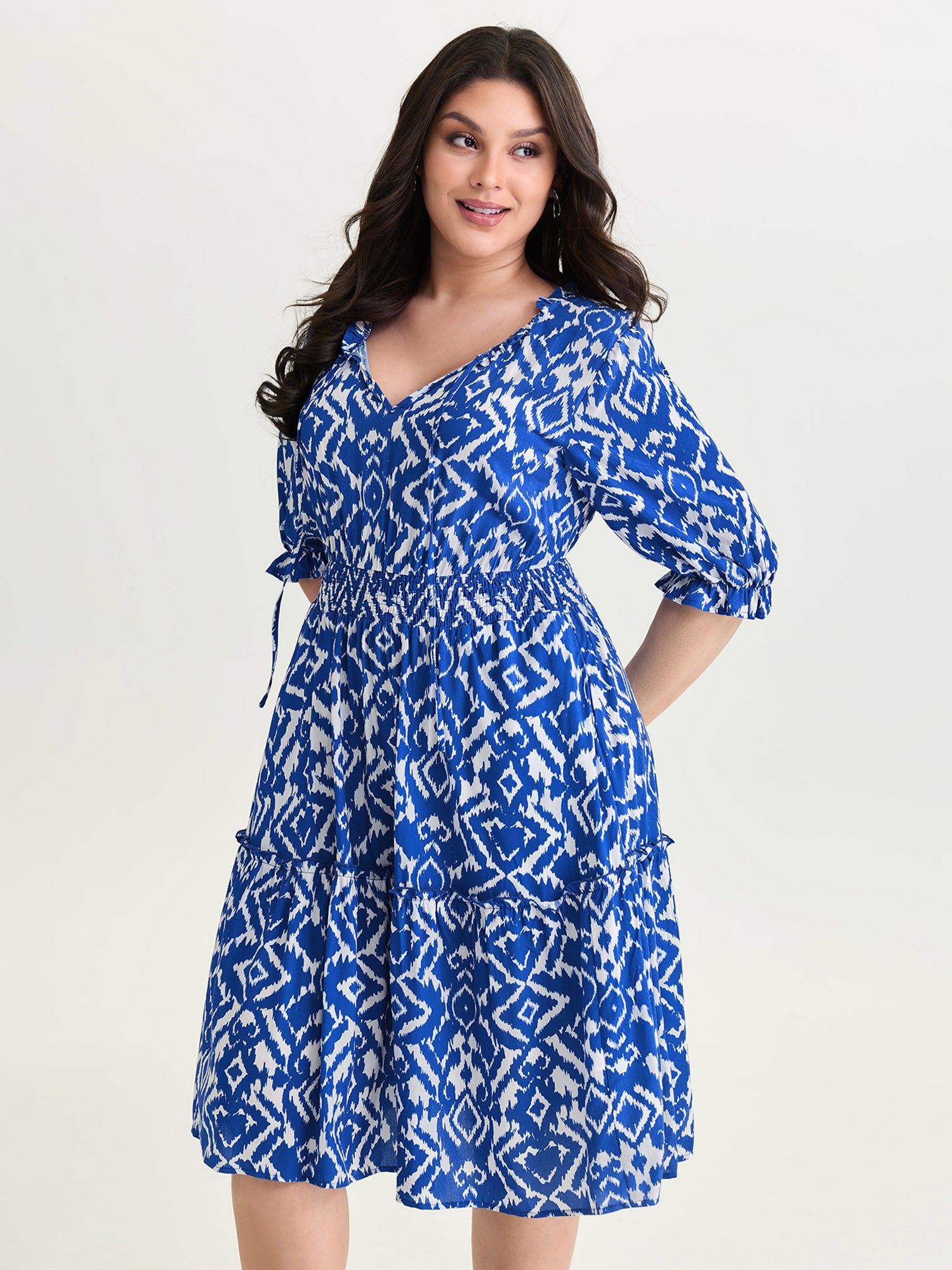 Abstract Print Drawstring Neckline Shirred Mini Dress