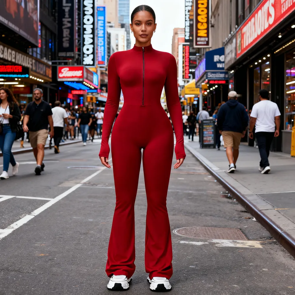 Women's Long Sleeve Flared Sports Jumpsuit - Zipper Jumpsuit