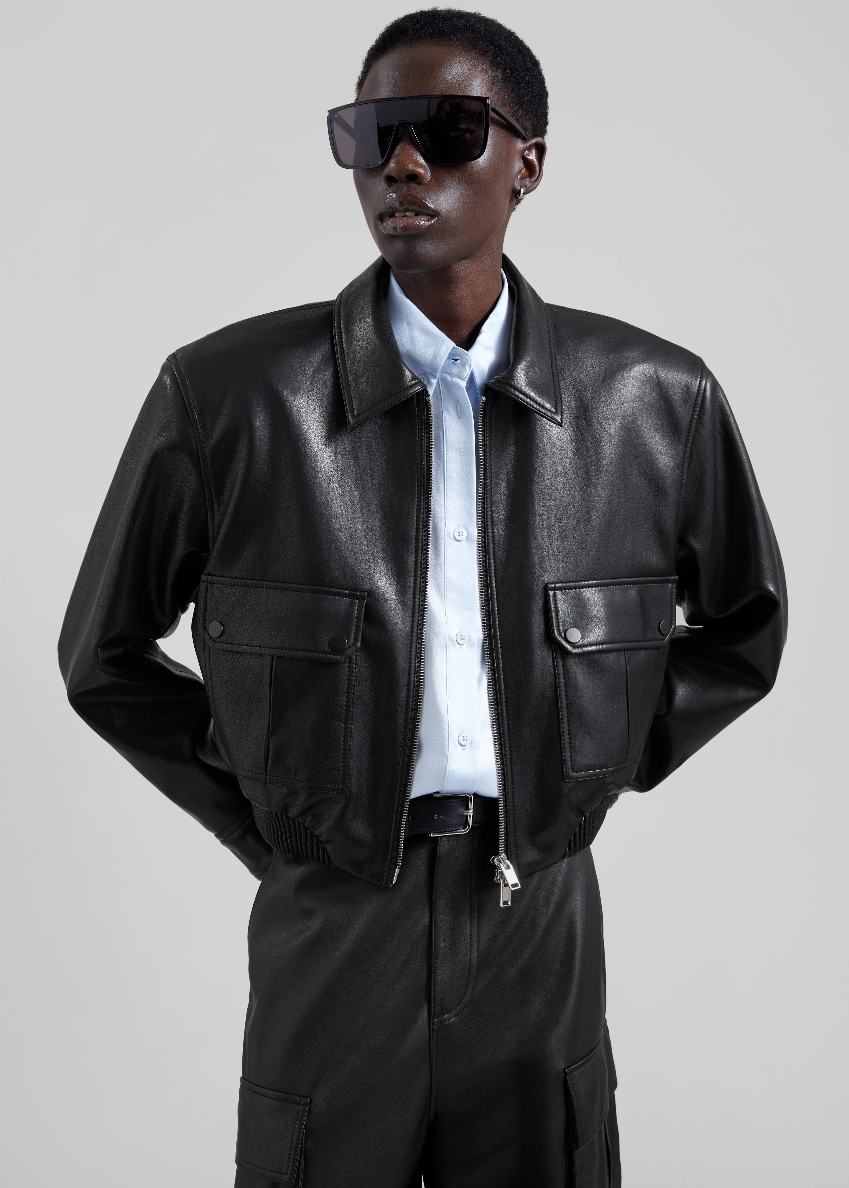 Denain Faux Leather Cropped Bomber Jacket - Black