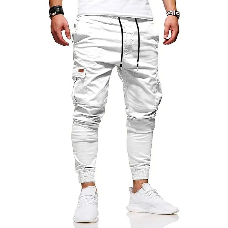 Men's Slim Fit Cargo Pants Slimming Drawstring Mid Waist Casual Trousers for Men Above Ankle Length with Slanted Pockets Versatile Lightweight Bottoms for Daily Wear All Seasons Functional Elastic Waistband for Everyday Wear
