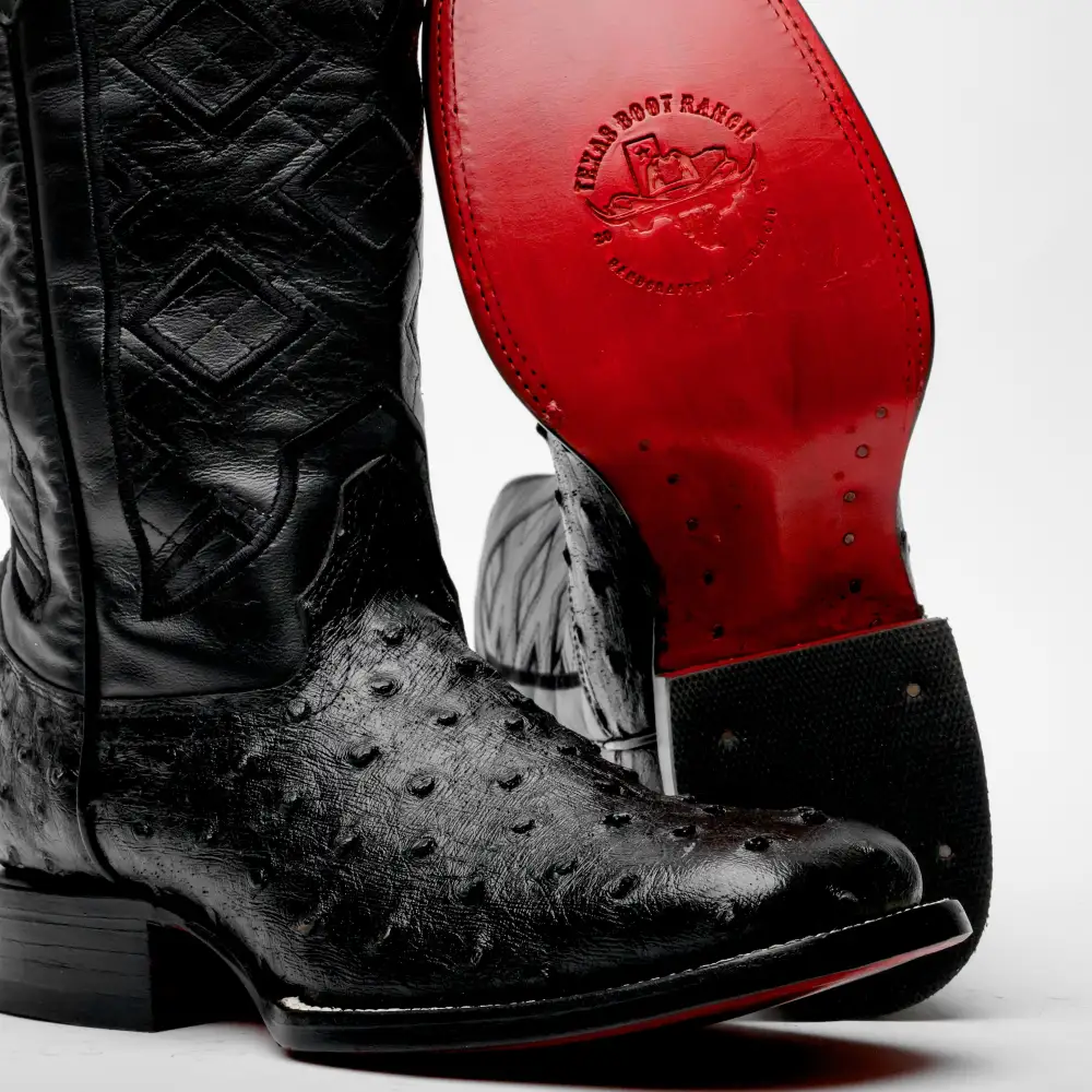 Black Ostrich Leather Boots - Square Toe