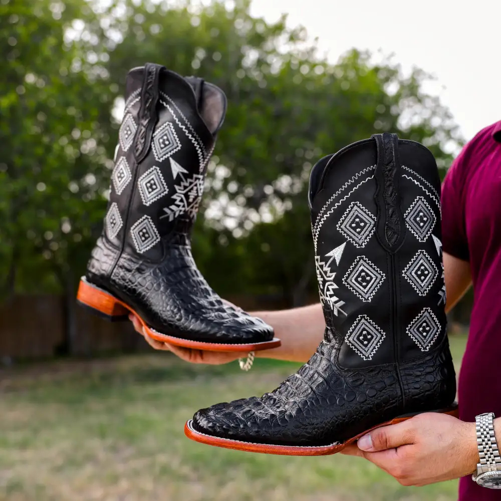Black Caiman Neck Leather Boots - Square Toe