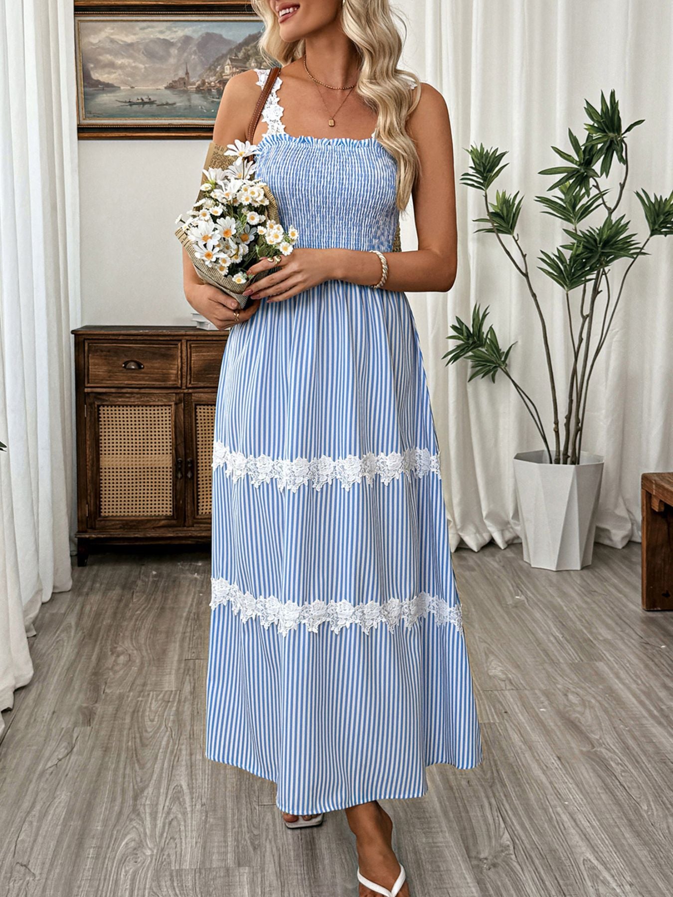 Striped Smocked Lace Trim Midi Dress