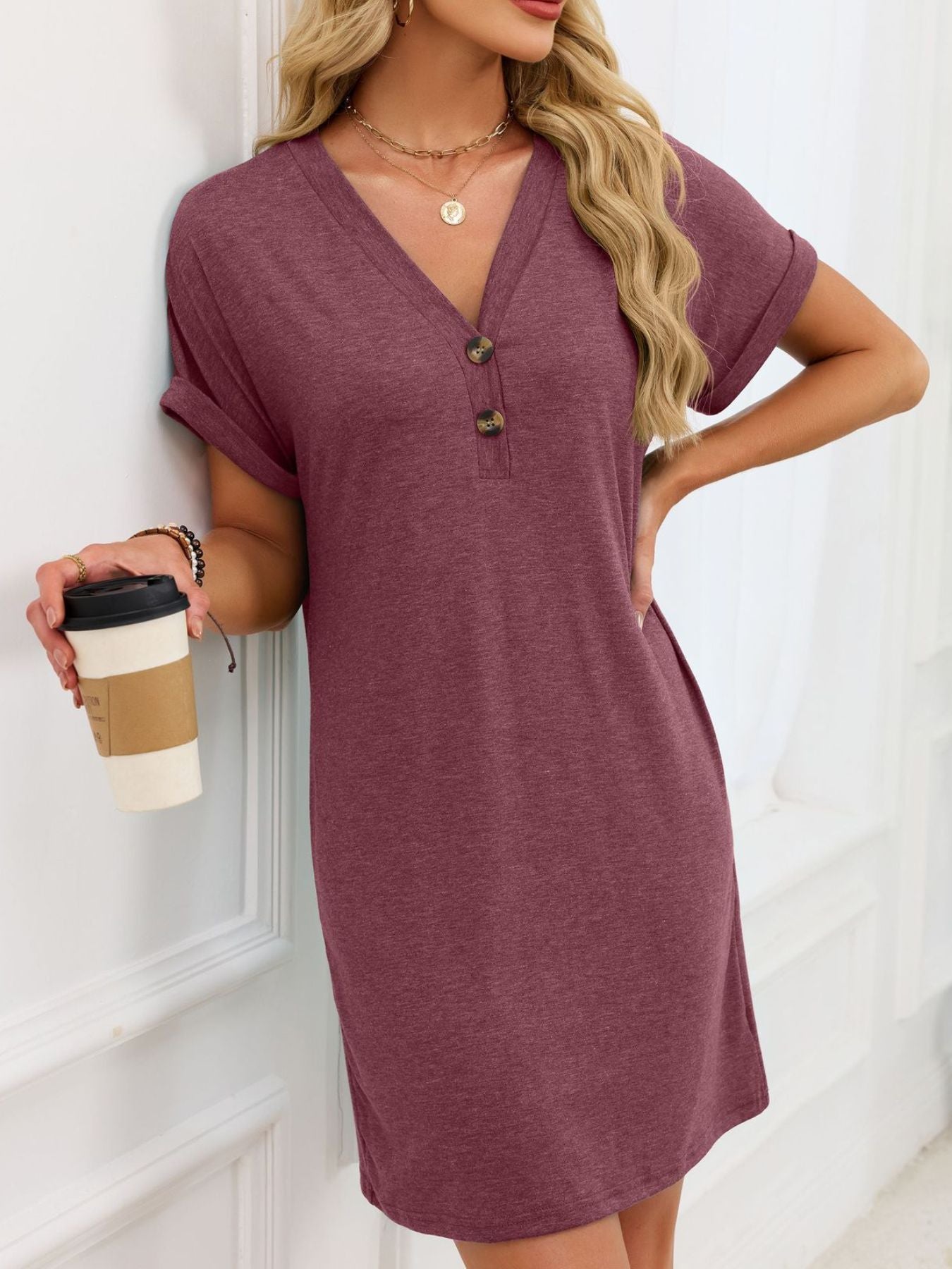 Casual V-Neck Short Sleeve T-Shirt Dress