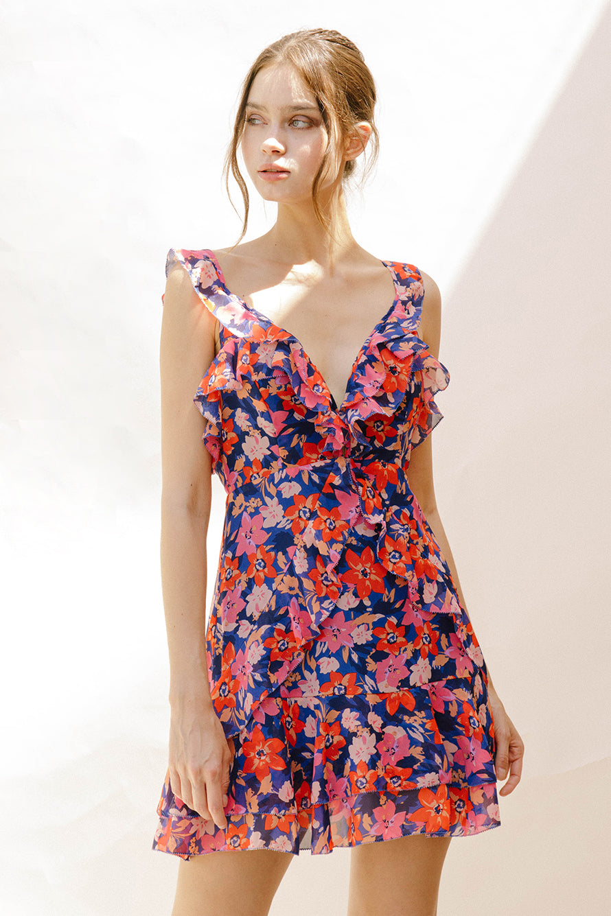 Aerin Blue and Peach Floral Blossom Mini Dress