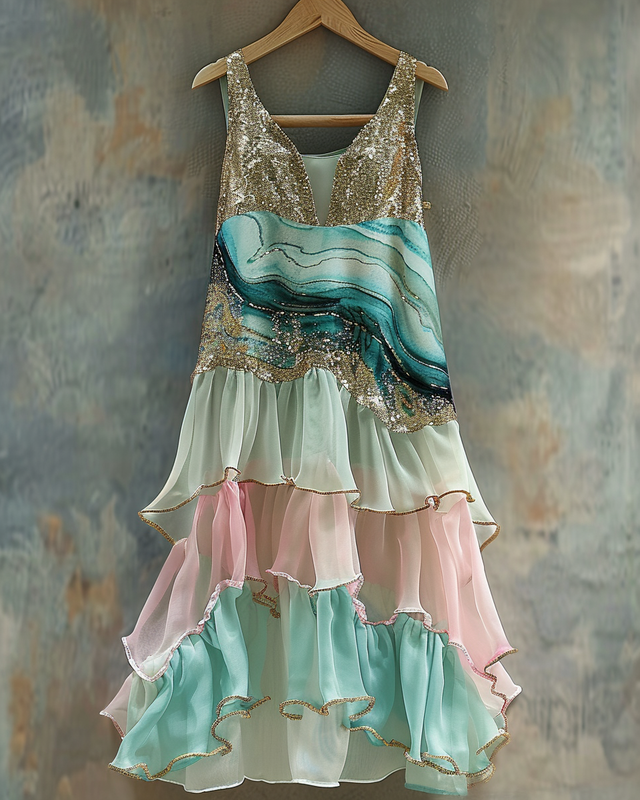 Summer vacation handmade gilded chiffon dress  be57