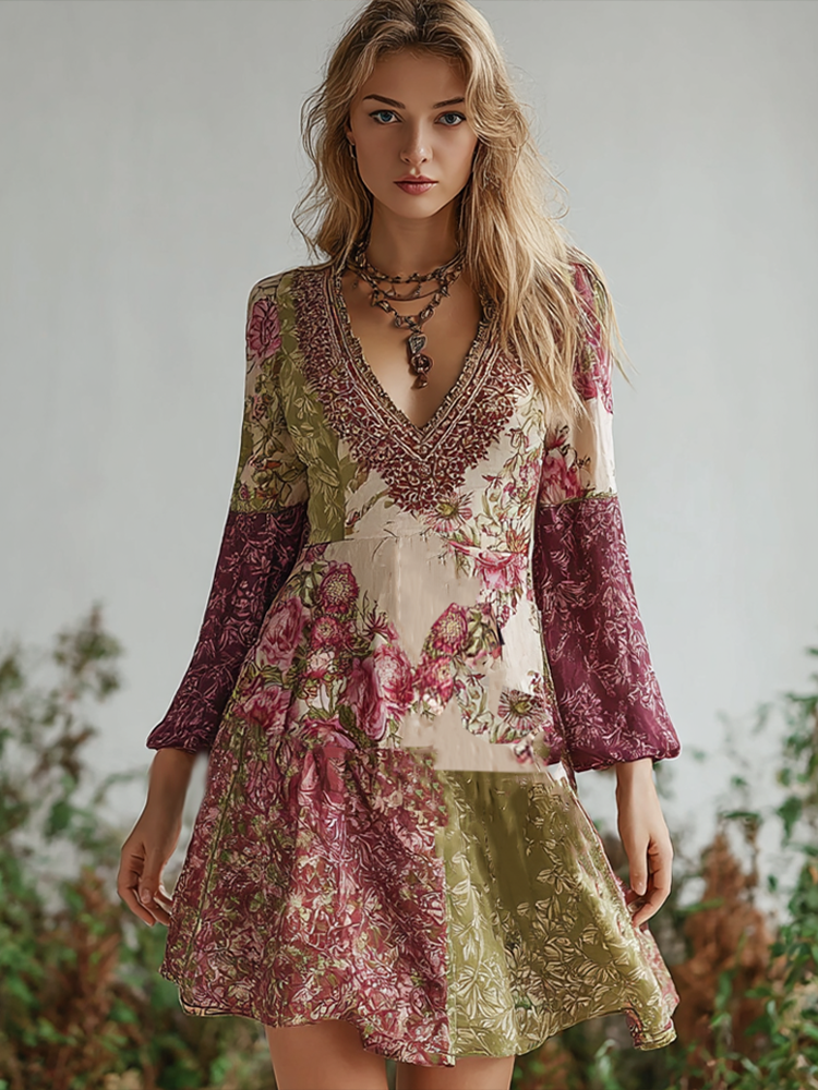 Bohemian Style Retro Floral Pattern Women's V-neck Dress