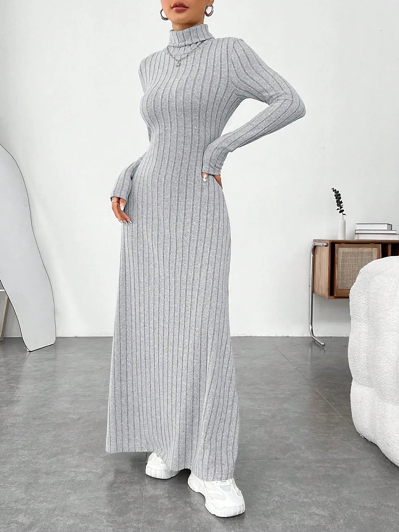 Ribbed Turtleneck Long Sleeve Maxi Knit Dress