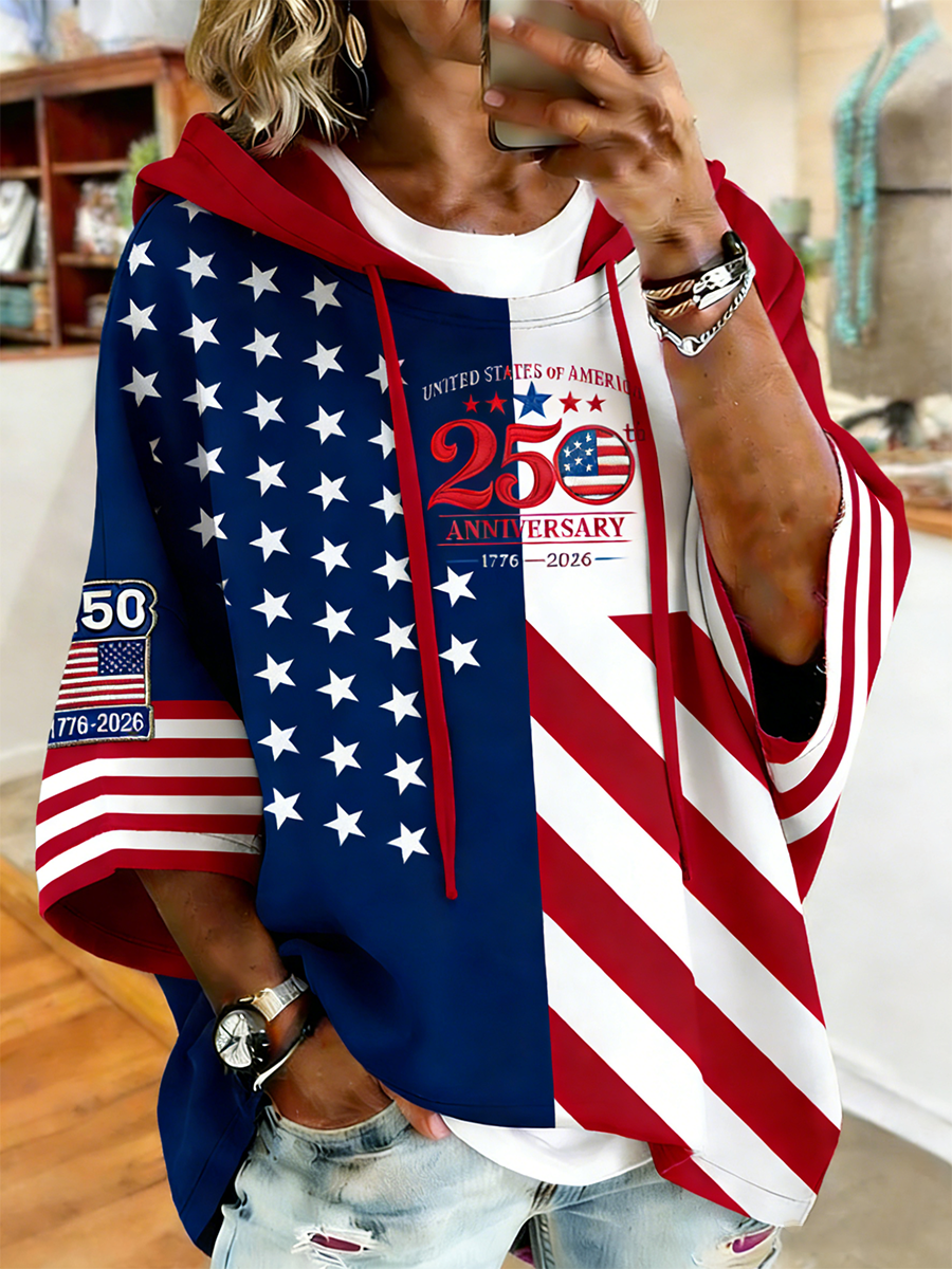 Women's Patriotic 1776-2026 Star Stripe Oversized Hoodie