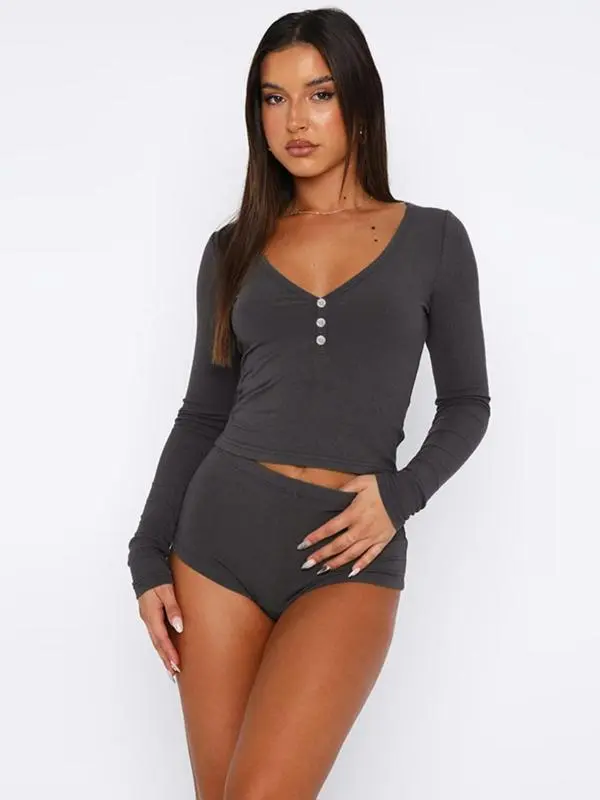 Women's Solid Long Sleeve Crop Top & High Waist Shorts Set