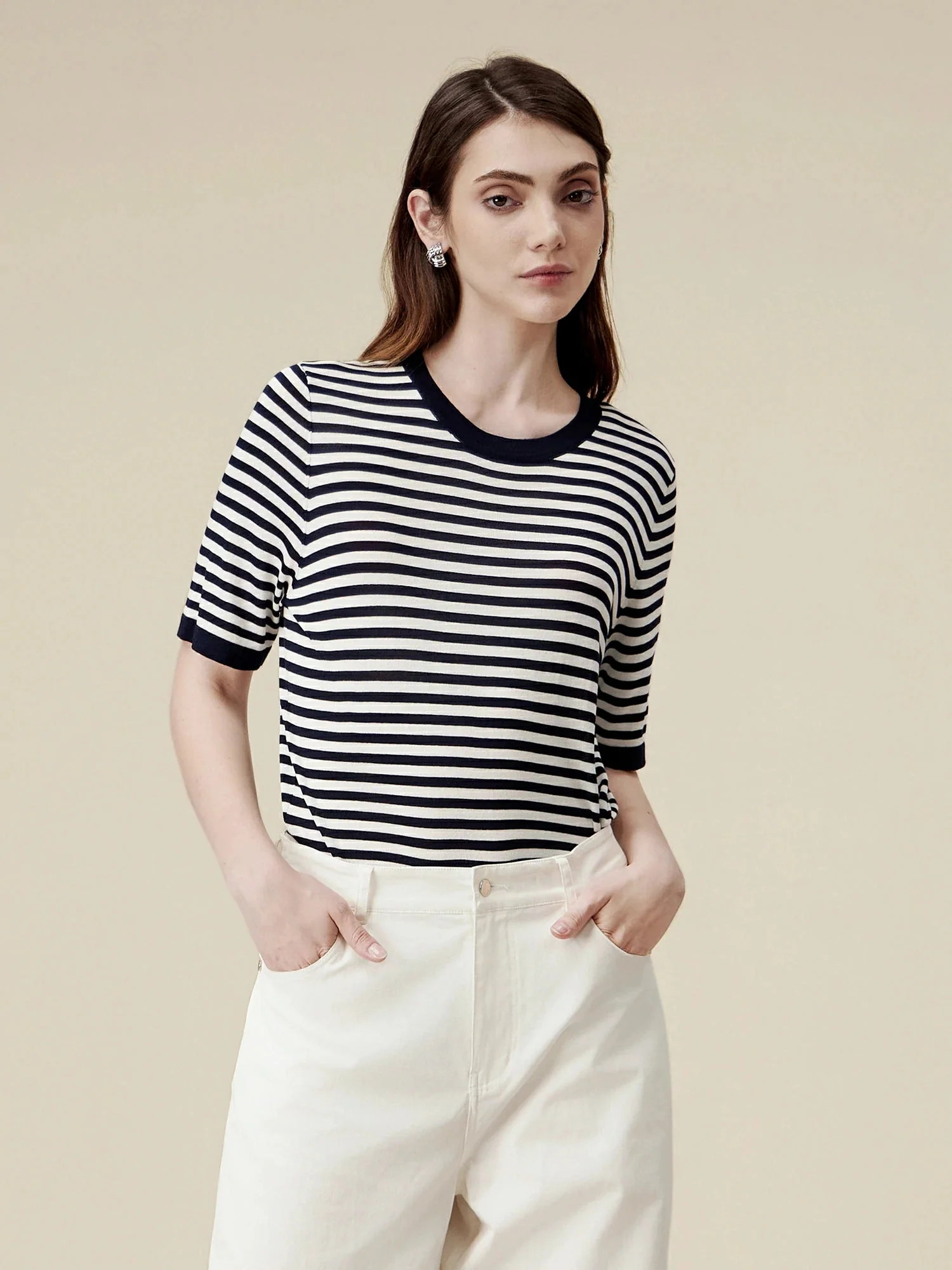 100% Lyocell Pinstripe Casual T-Shirt