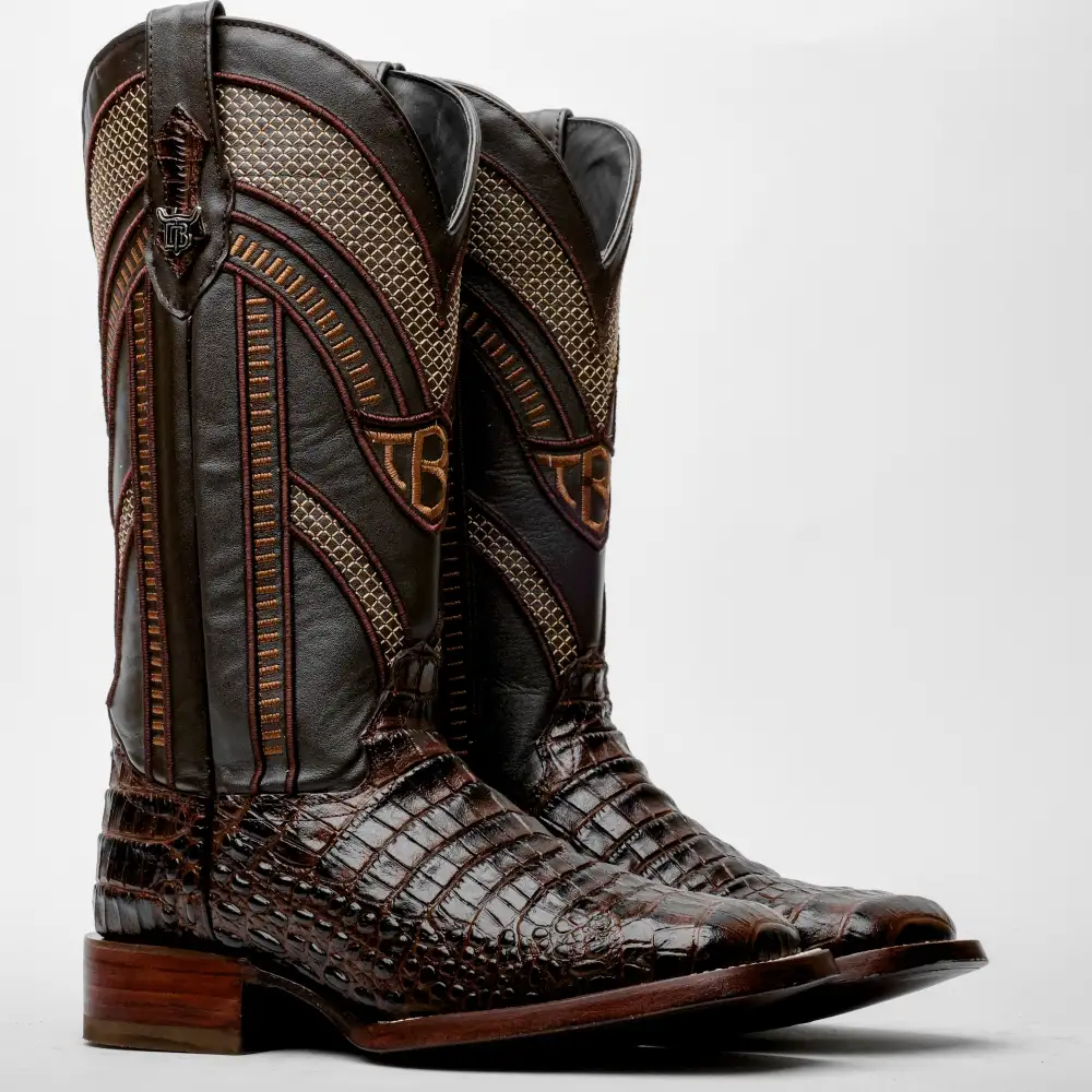 Brown Caiman Belly Leather Boots - Square Toe