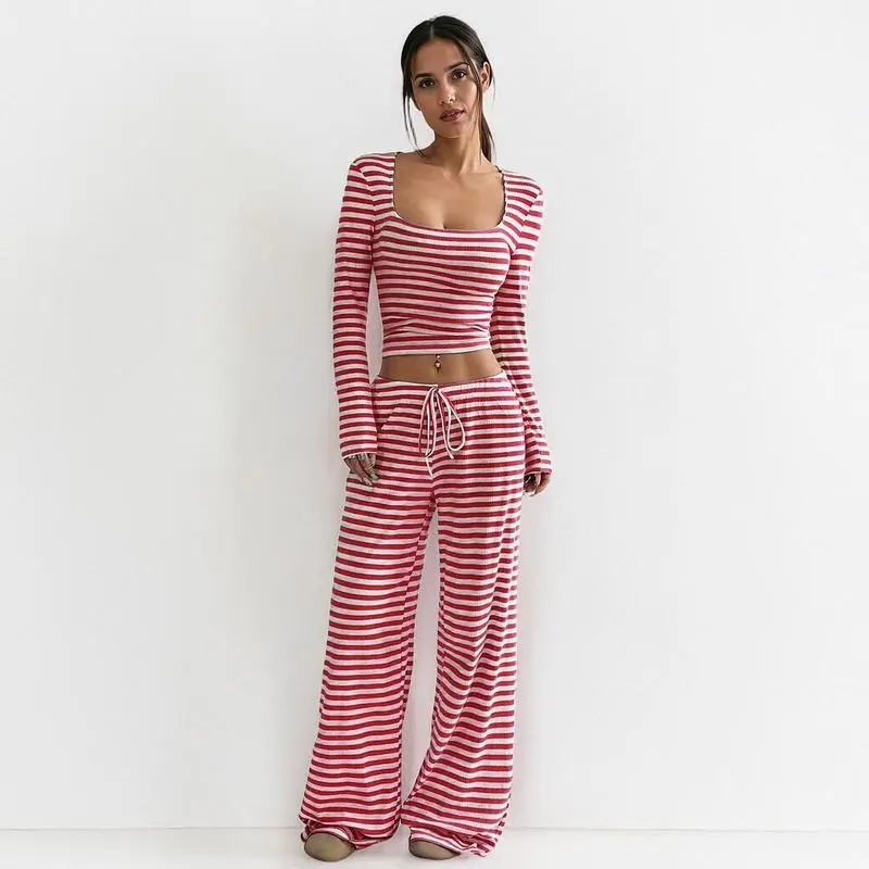 Women's Stripe Square Neck Long Sleeve Crop Top & Wide Leg Trousers Set