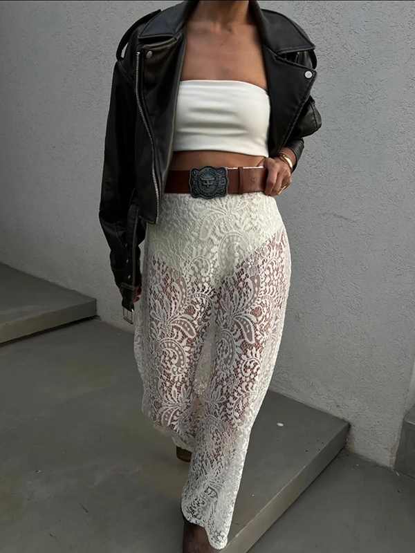 See-Through Lace Sexy Wide-Leg Pants Hollow Trousers Causal Pants