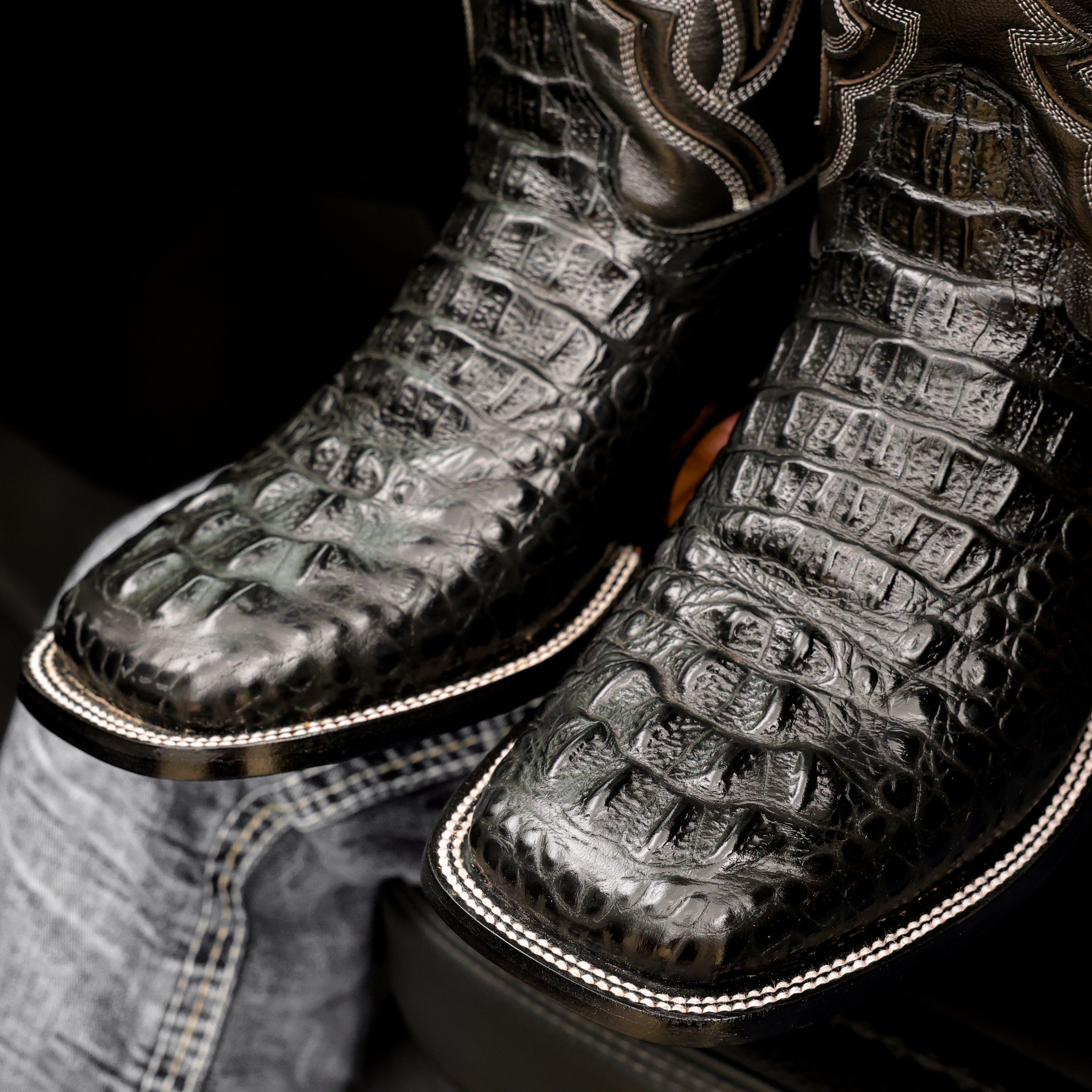 Black Caiman Neck Leather Boots - Square Toe