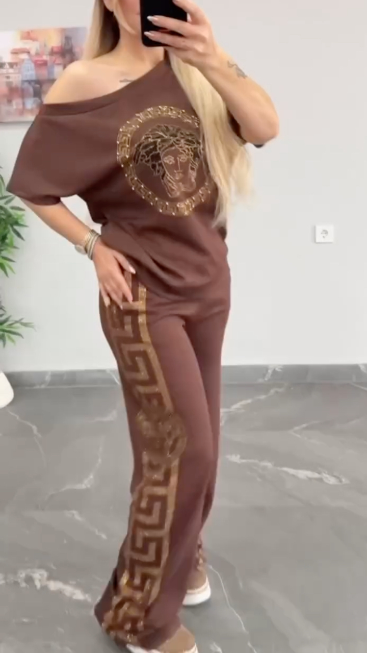 Women's Off-Shoulder Casual Rhinestone Set