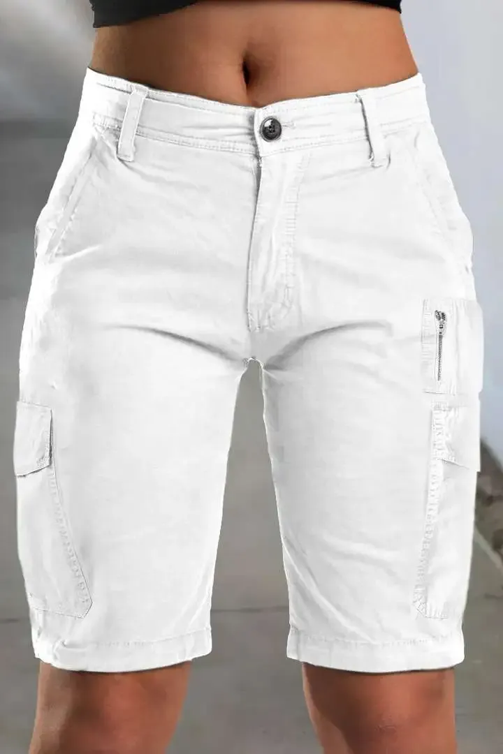 Solid Multi Pocket Mid Rise Bermuda Cargo Shorts