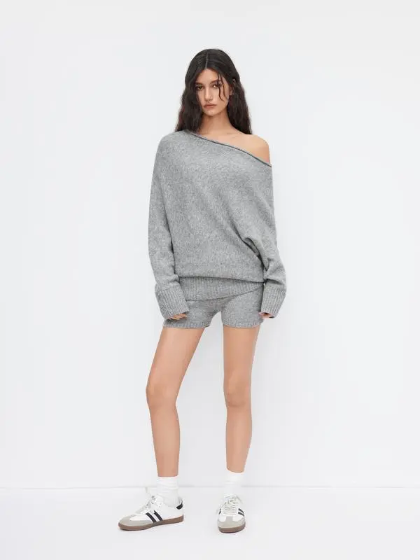 Asymmetrical Neck Long Sleeve Top & Low Rise Shorts Set
