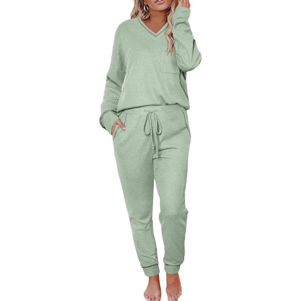 V-neck waffle knit top and pants casual set