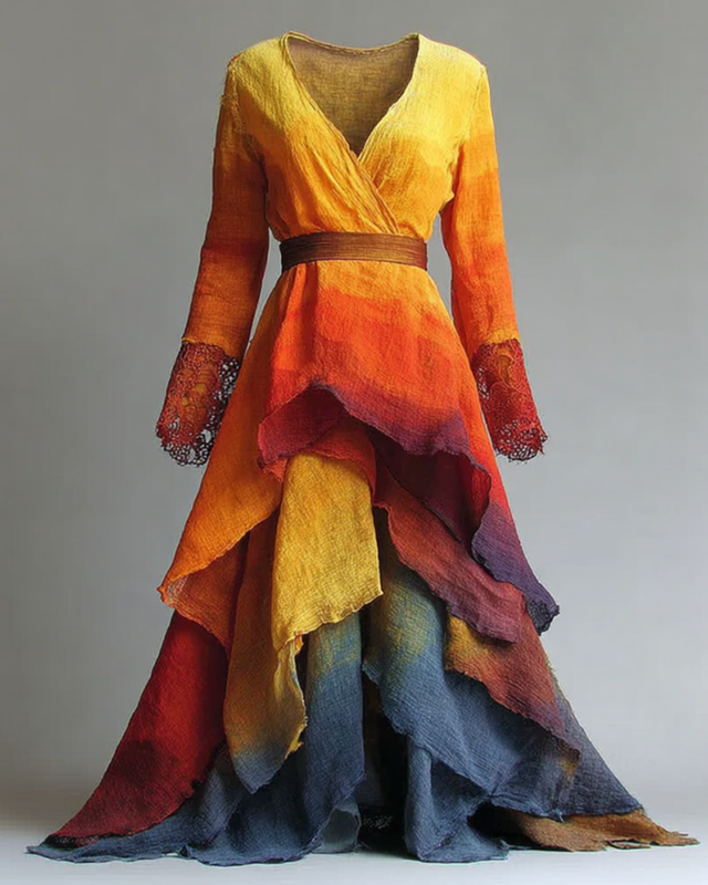 Women's fashionable bright rainbow tie-dyed cotton and linen dress  7061