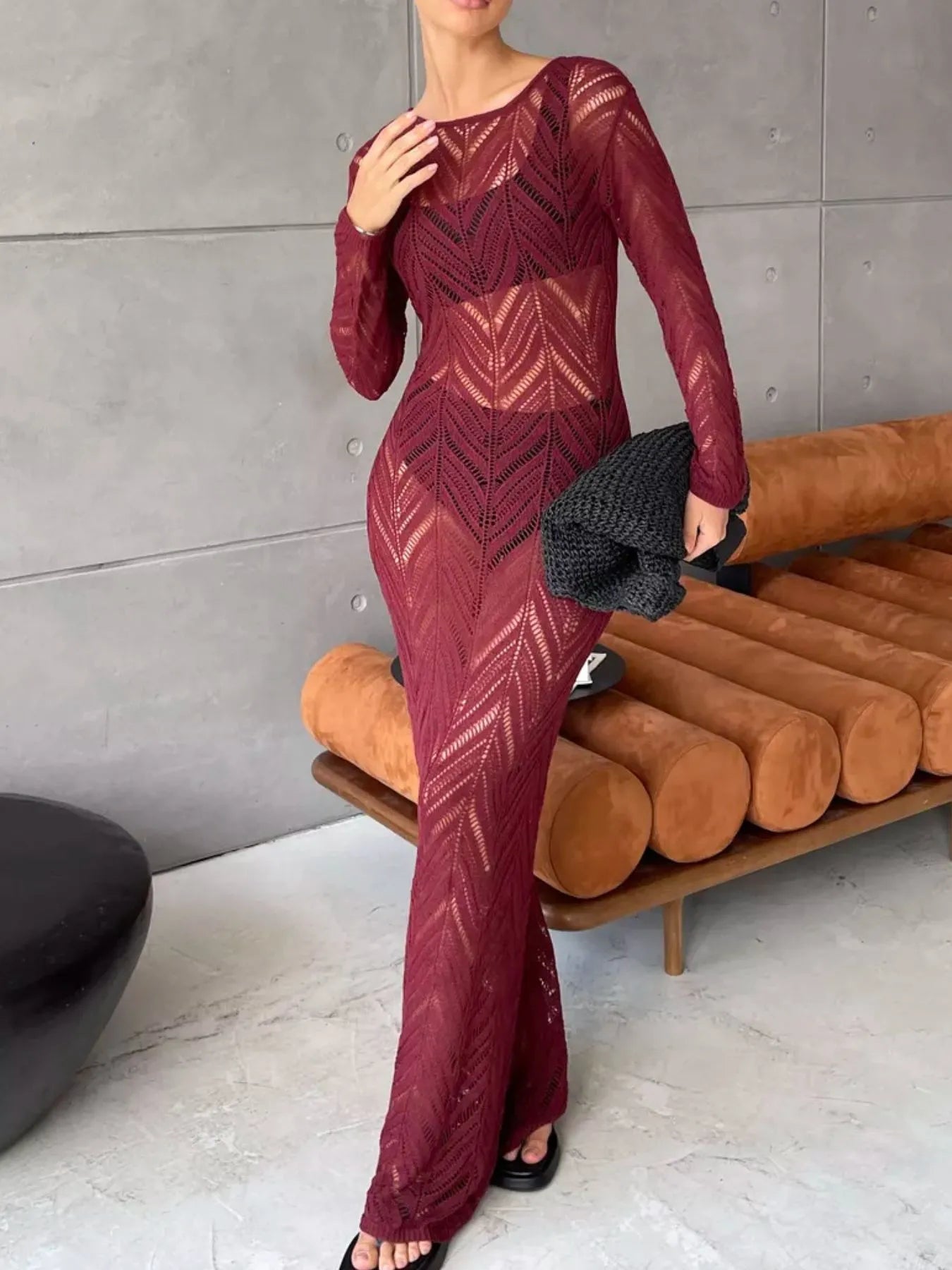 Openwork Long Sleeve Knit Cover Up Dress