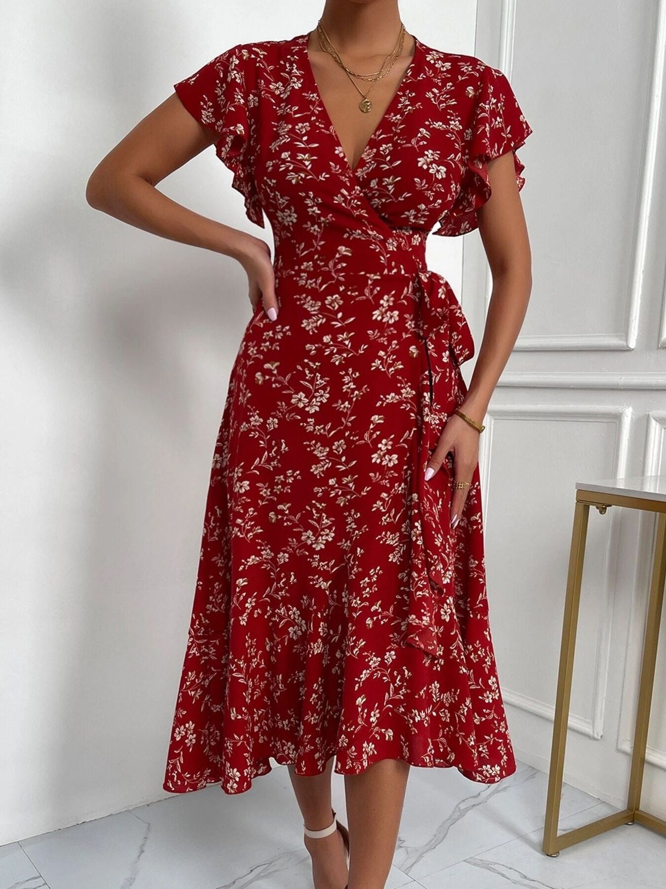 Floral Print Ruffle Sleeve Wrap Midi Dress