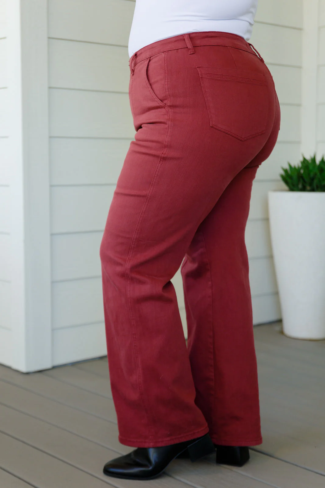 Blue Phoebe High Rise Front Seam Straight Jeans in Burgundy