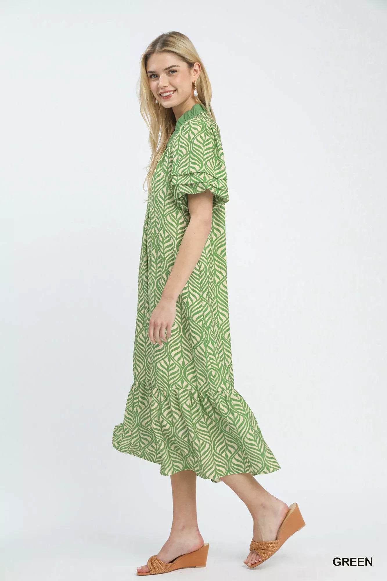 Umgee Leaf Print Ruffle Neck Midi Dress