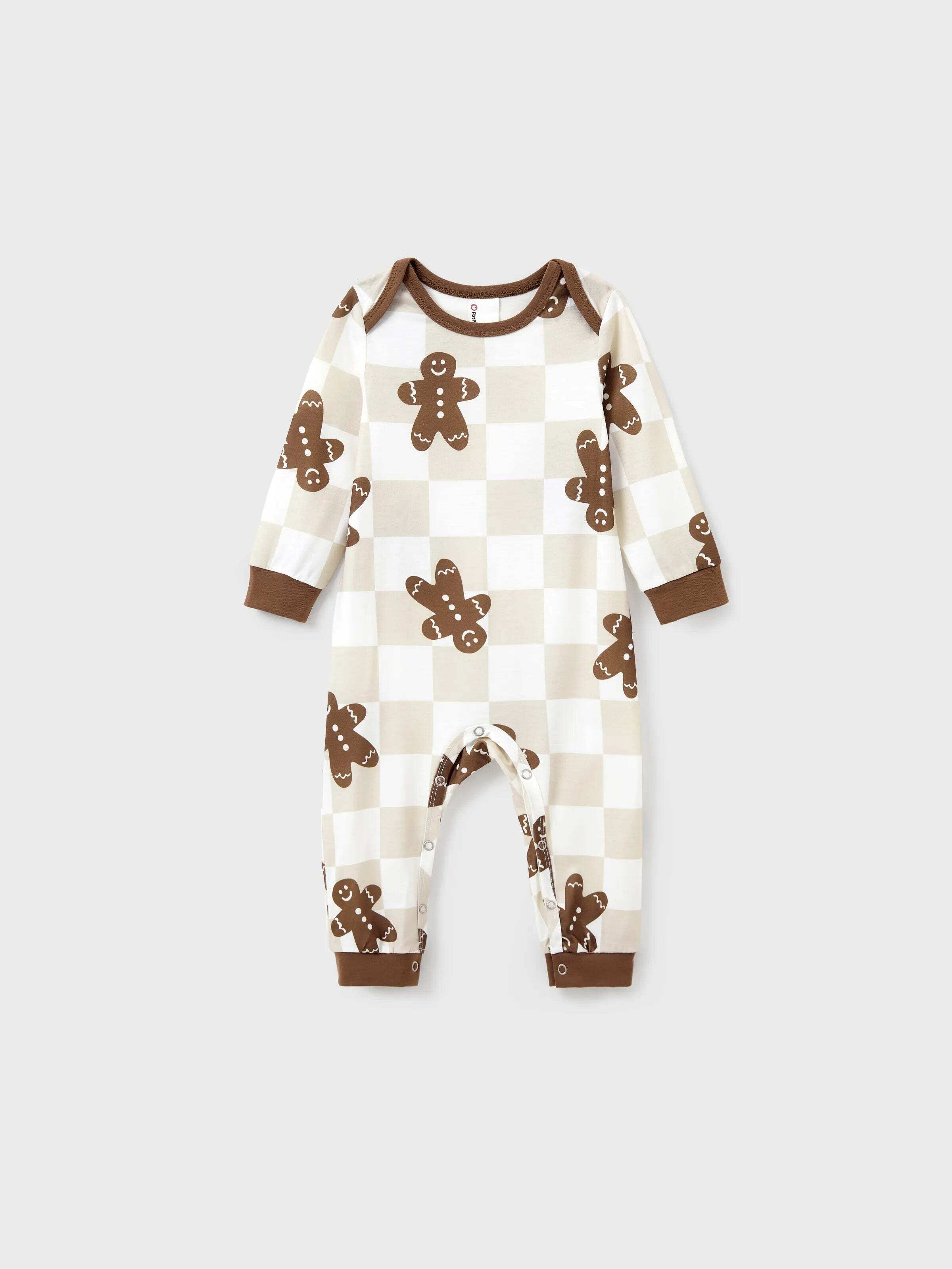 Christmas Matching Family Pajamas Set Block checkered Gingerbread Print PJS with Christmas Socks Khaki