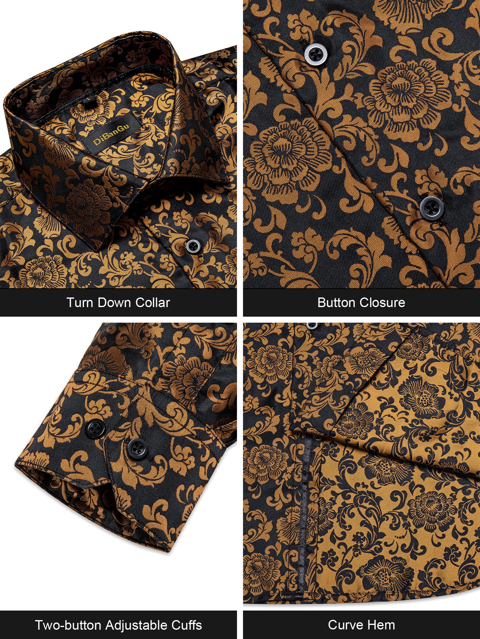 Men's Paisley Dress Shirt Long Sleeve Wrinkle Free Button Down Cowboy Shirts - Dark Black&gold&paisley