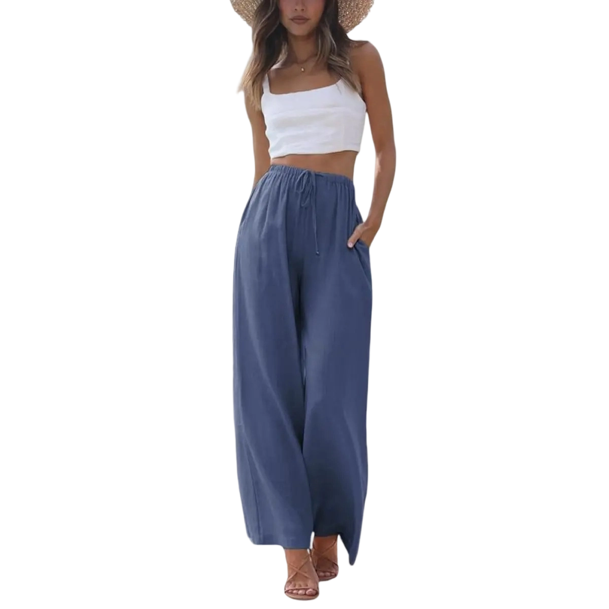 Women's Cotton Linen Summer Palazzo Pants Flowy Wide Leg Beach Trousers with Pockets Casual Womenswear
