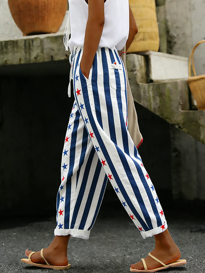 Women's Cotton Linen Patriotic Print Casual Cropped Trousers