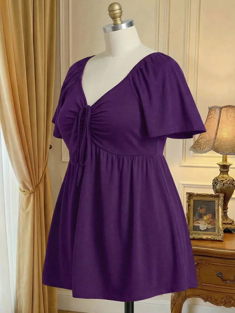 Plus Size Solid Color Rhinestone Collar Tie Front Short Sleeve Simple Casual T-Shirt