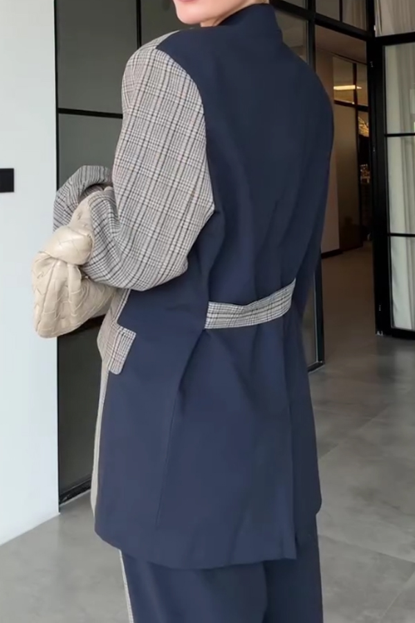 Women Elegant Office Irregular Contrast Plaid Blazer + Pants Suit