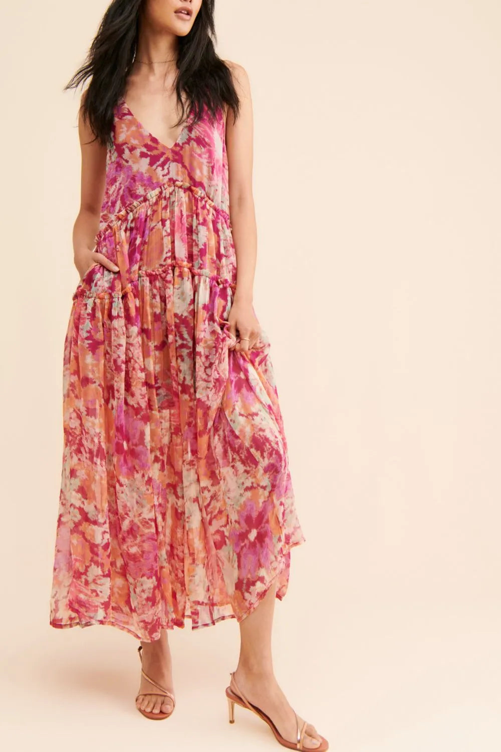 Frill Printed V-Neck Midi Dress