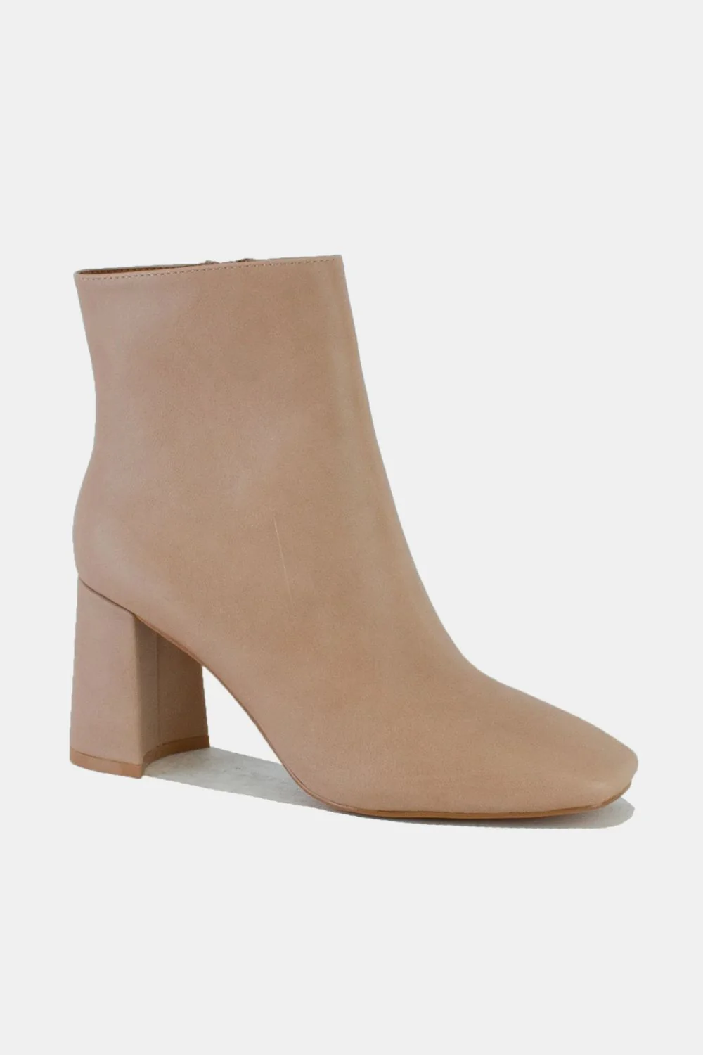 PU Leather Block Heel Boots with Side Zippers in Nude