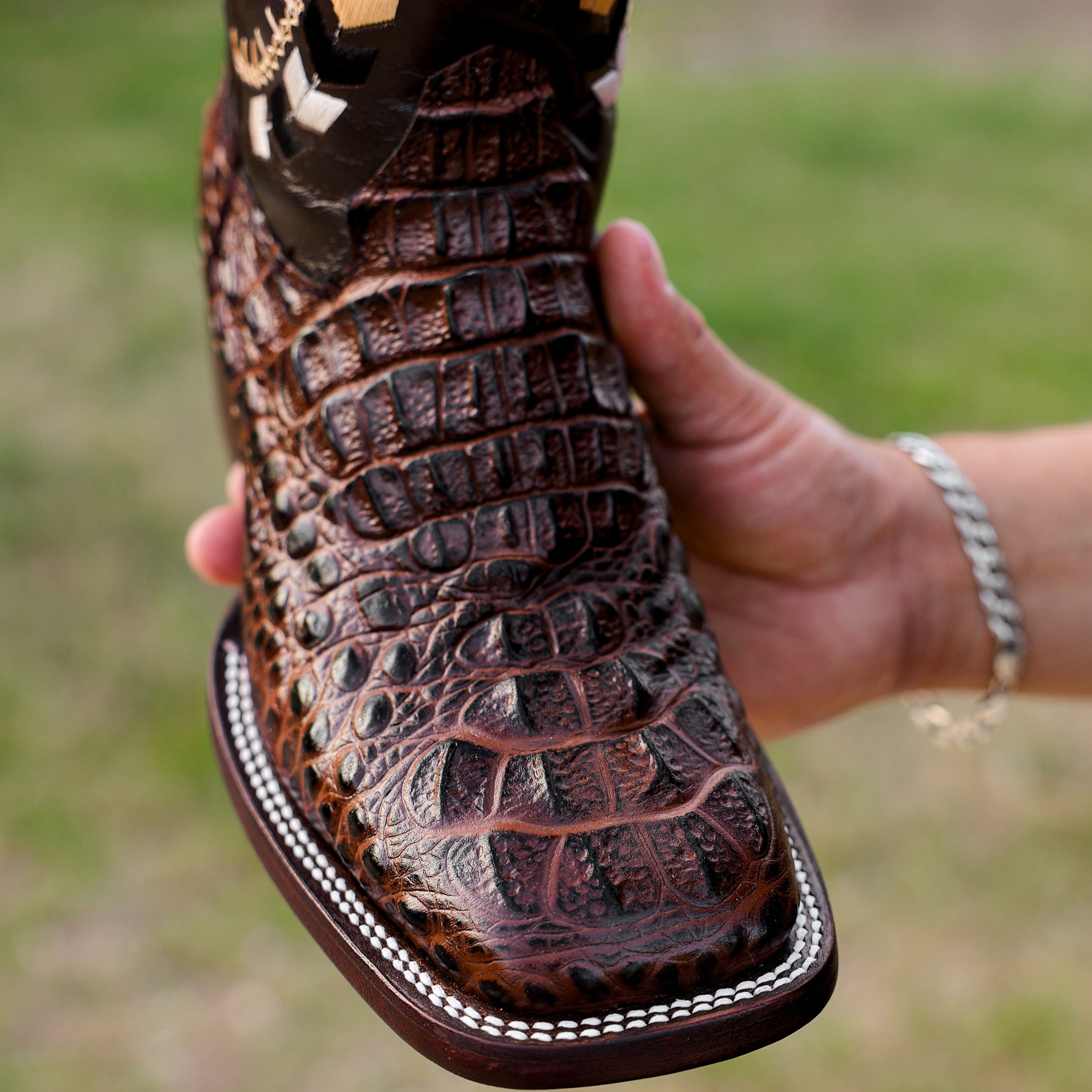 Brown Caiman Neck Leather Boots - Square Toe