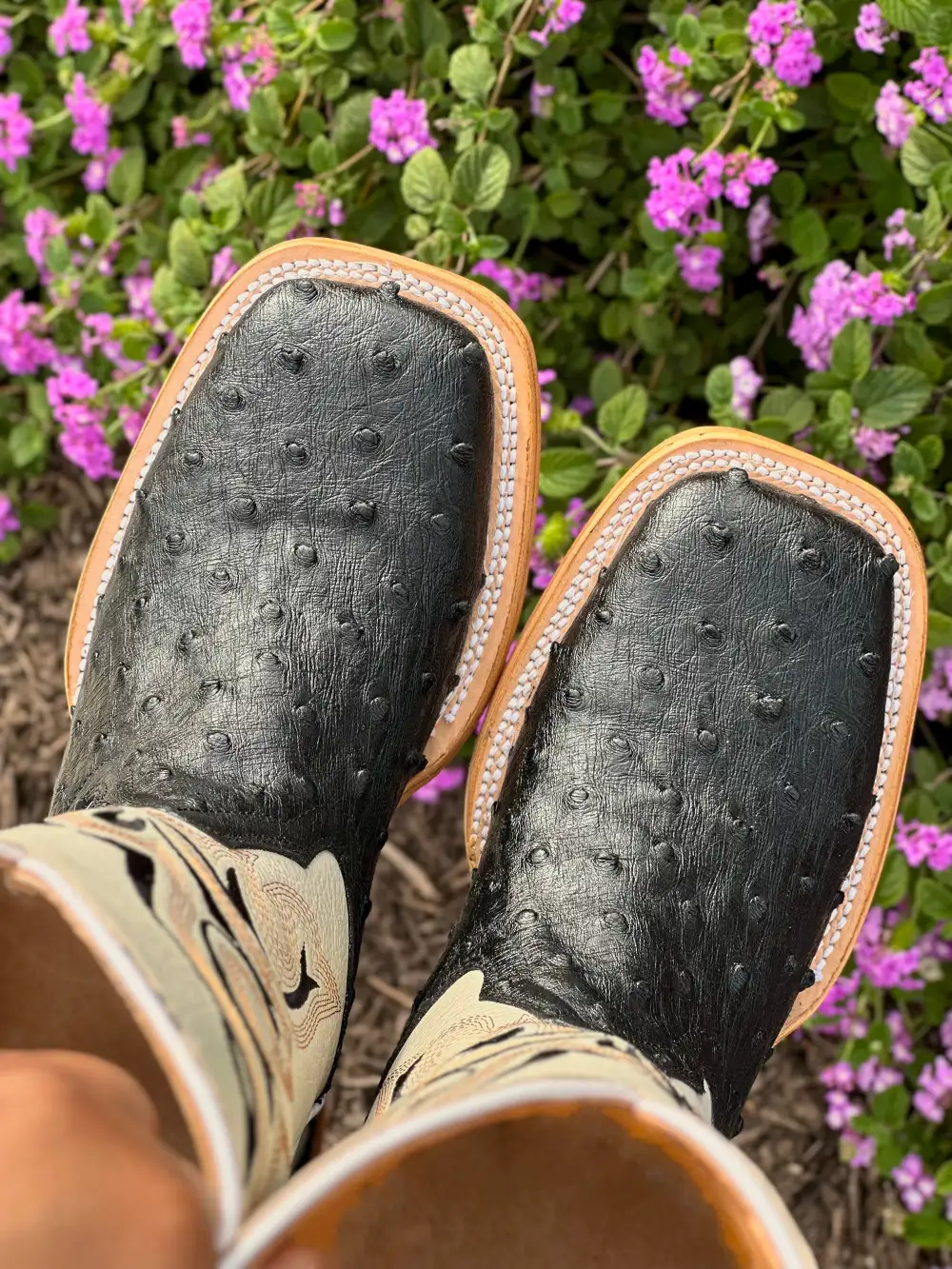 Mens Black Ostrich  Leather Boots With Beige Shaft