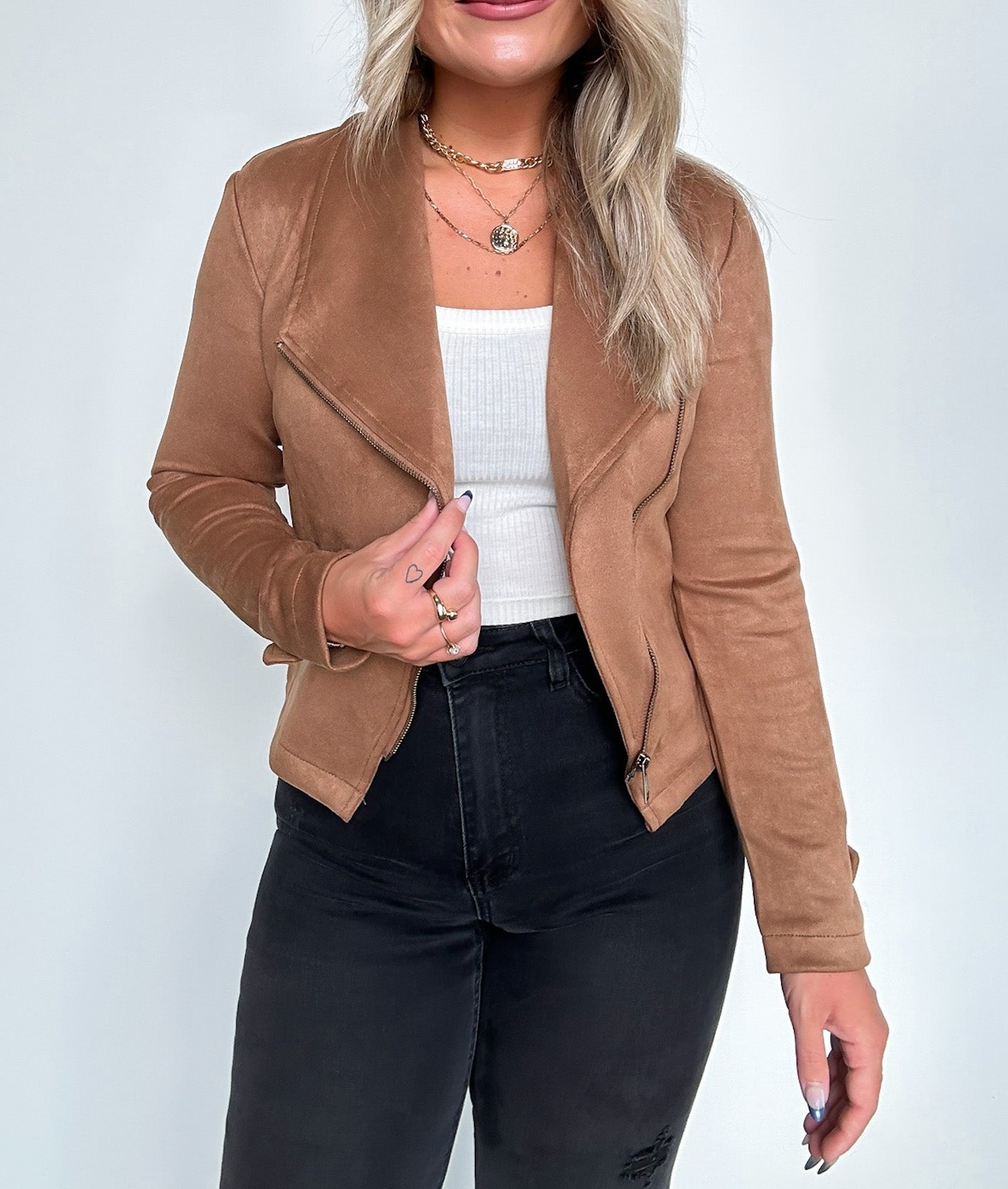 Faux Suede Zip Up Moto Jacket