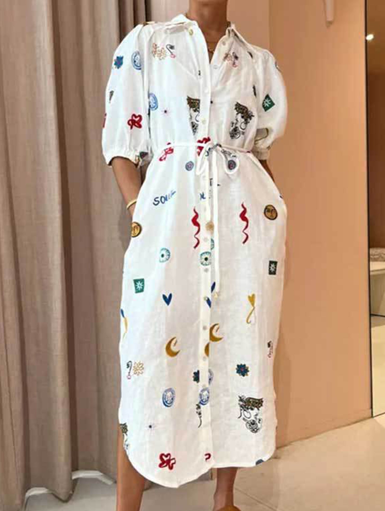 Printed Tie Waist Shirt Dress