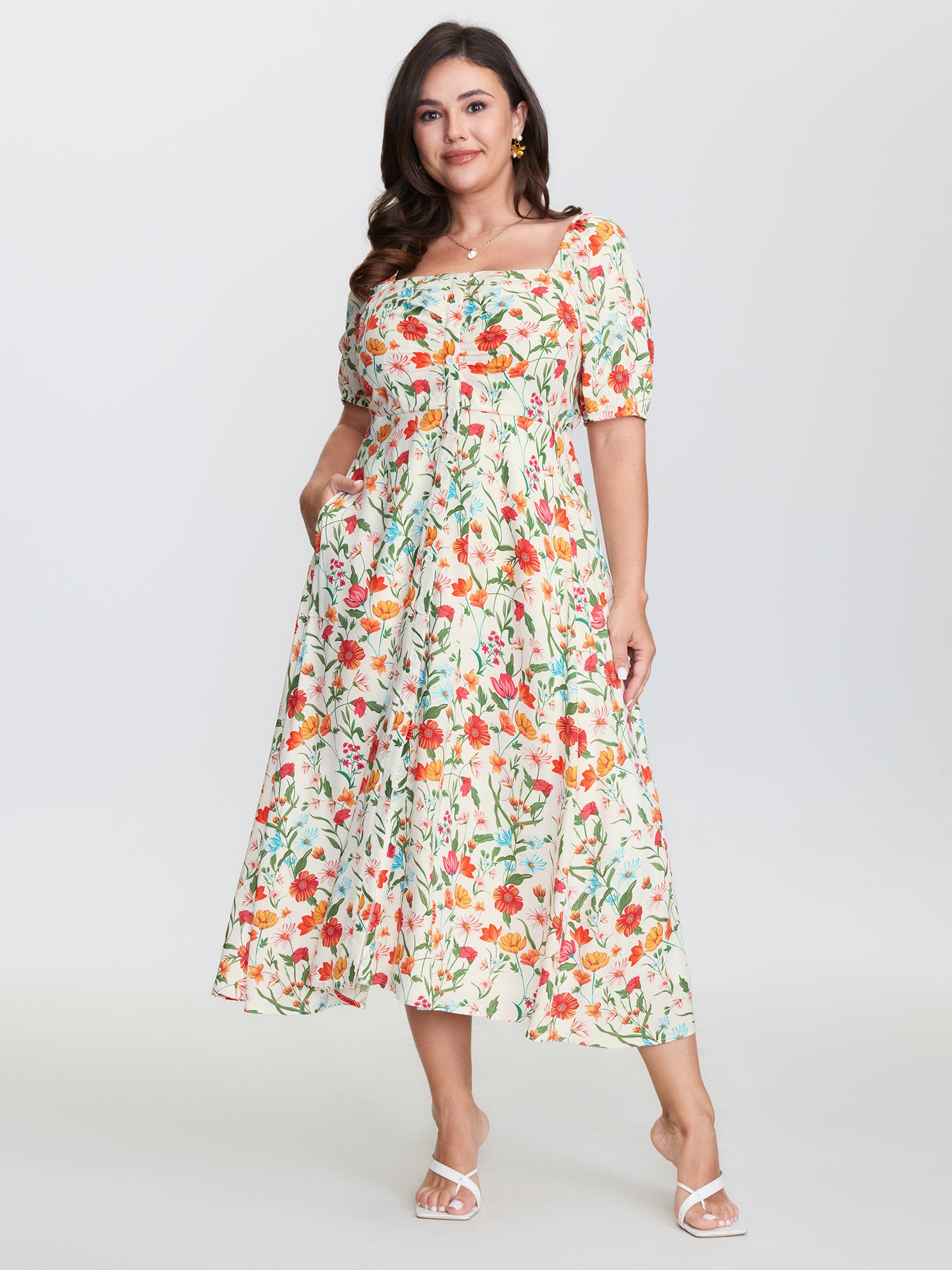 Floral Print Button Placket Maxi Dress