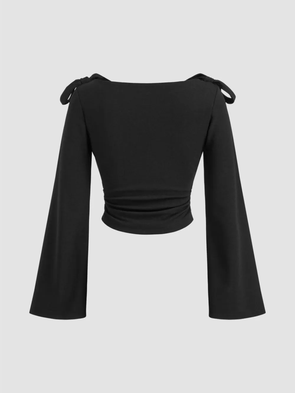 Boat Neck Gingham Bowknot Ruched Long Sleeve Top