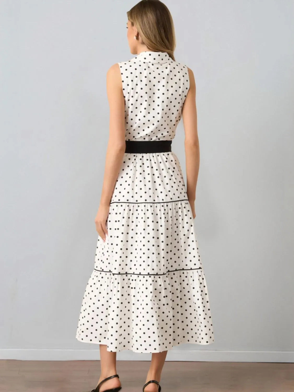 Polka Dot Sleeveless Midi Shirt Dress