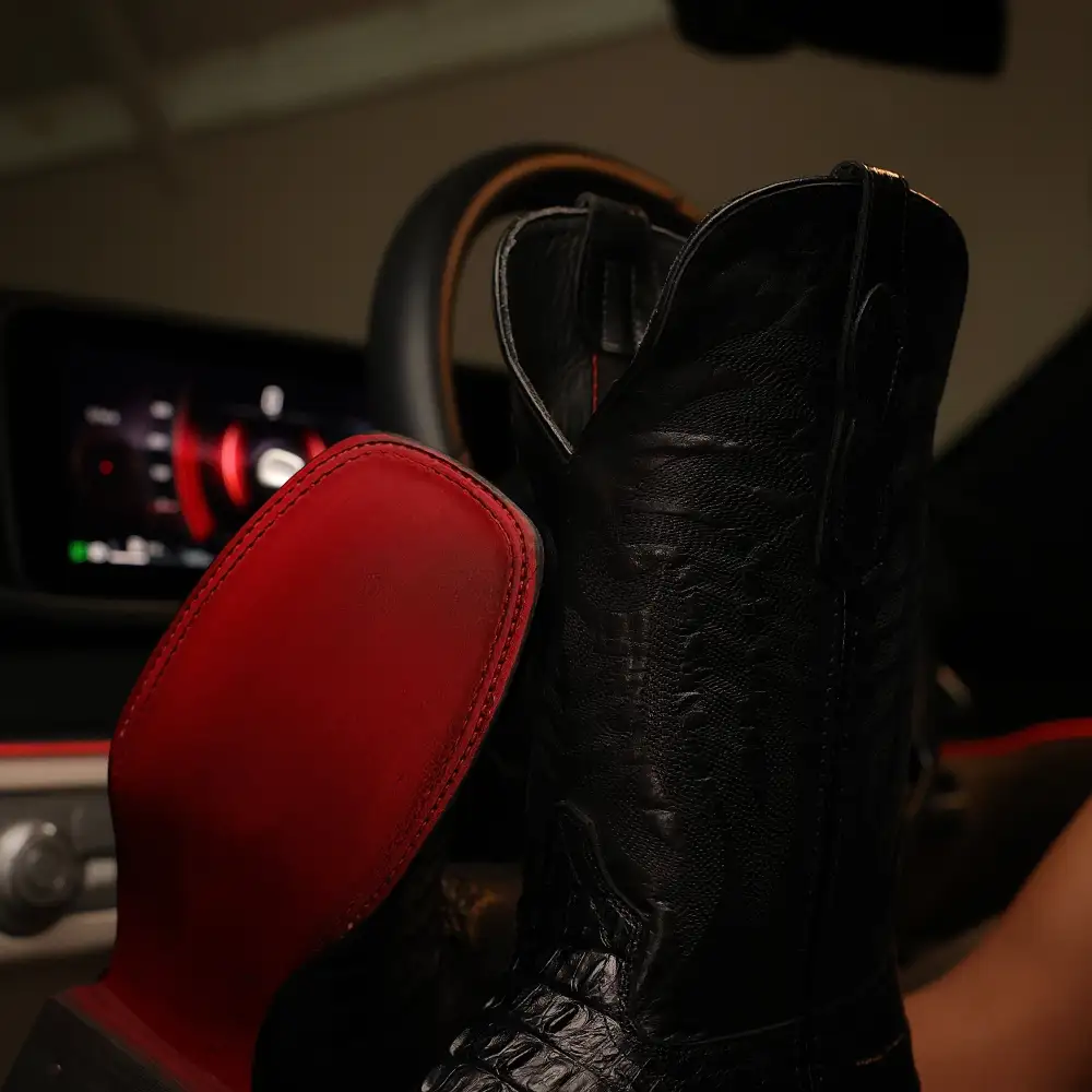 “TOTAL BLACK” Caiman Leather Boots - Square Toe
